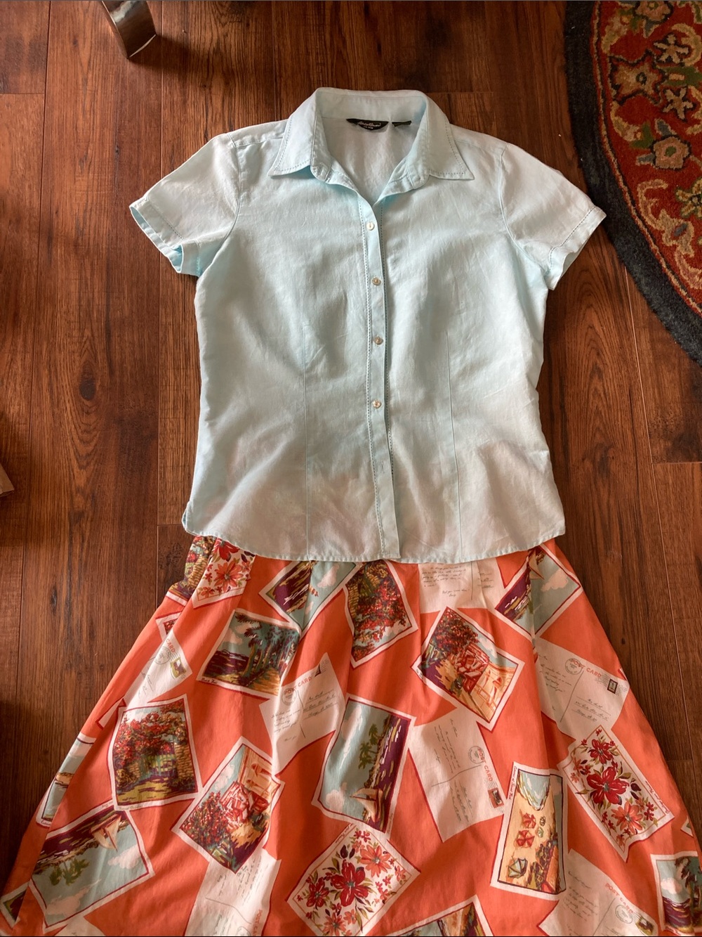 Eddie Bauer Light Blue Linen Short-Sleeve Shirt AND Coral Postcard Print Skirt